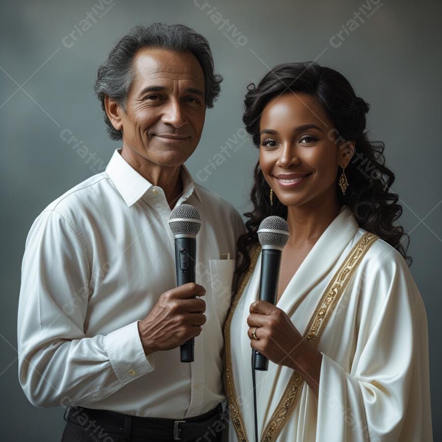 Casal com microfones sorrindo fundo cinza