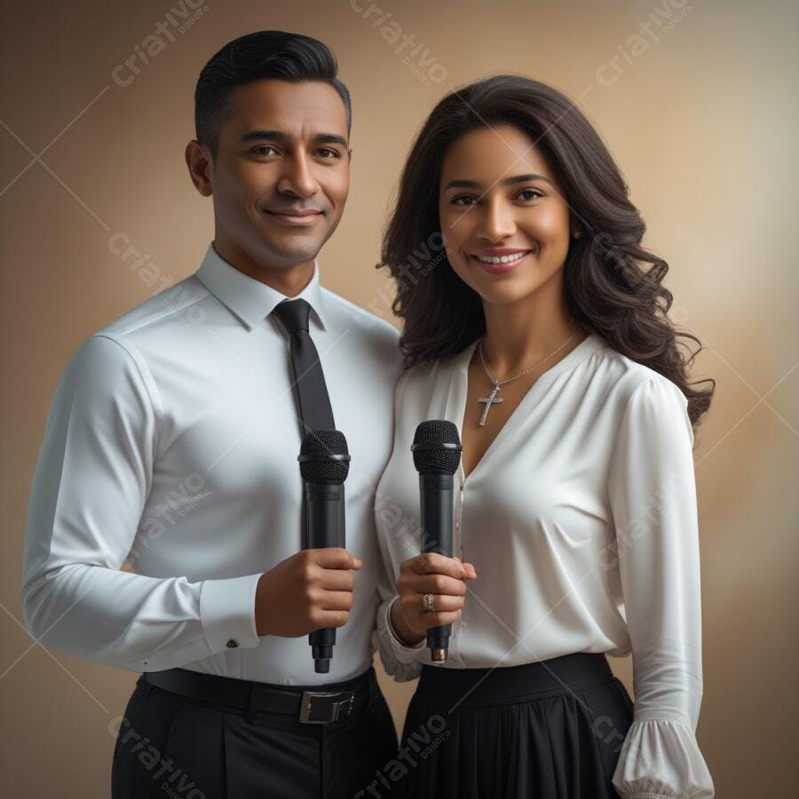 Apresentadores com microfones sorrindo