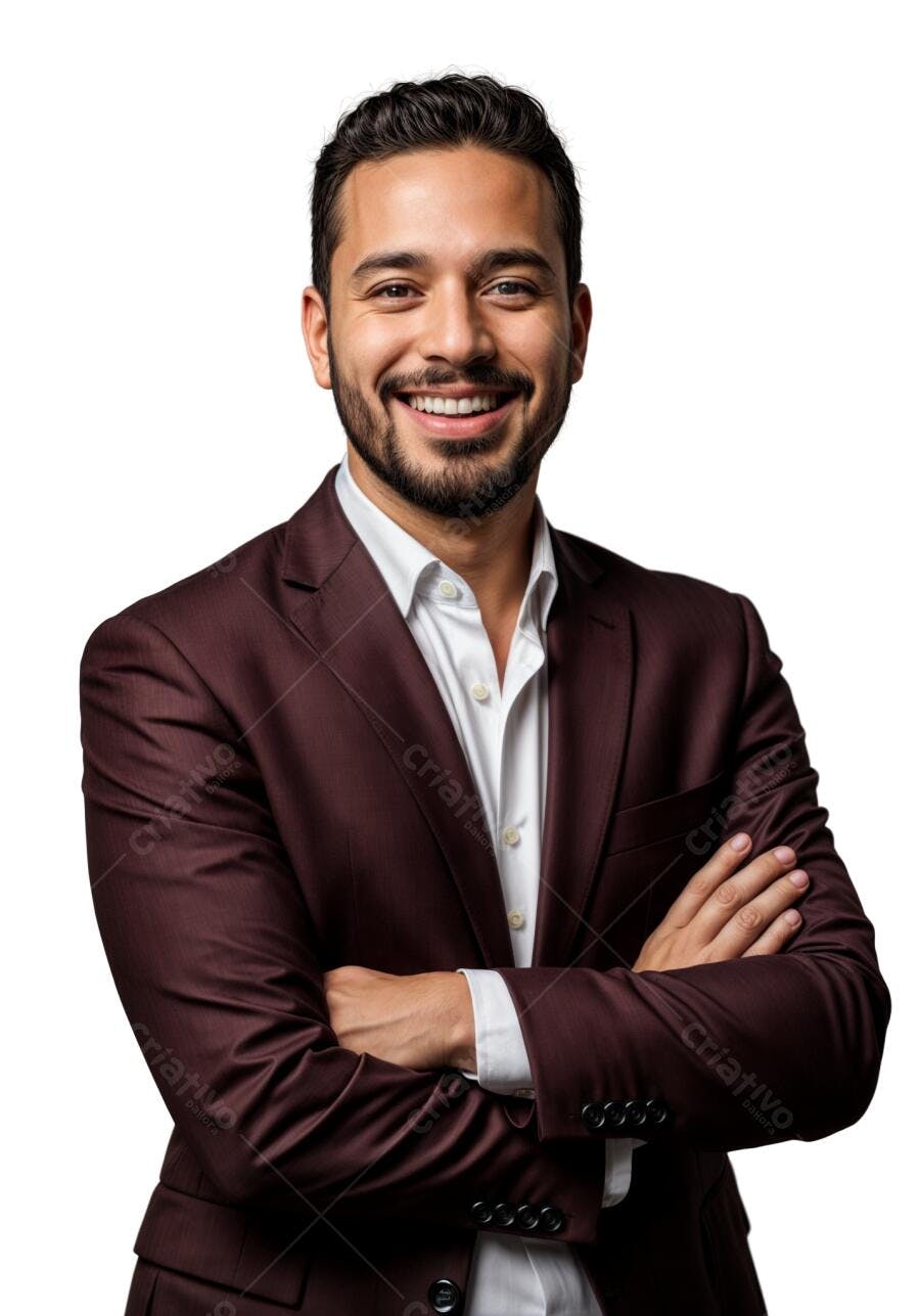 Homem sorridente em terno vinho braços cruzados