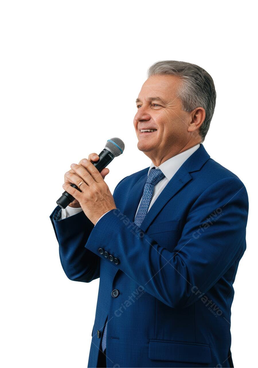Homem de terno azul falando ao microfone