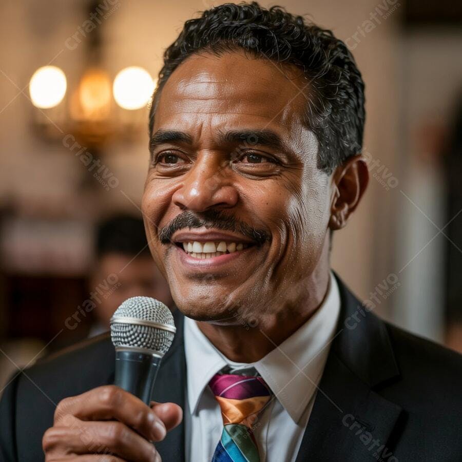 Homem negro sorridente falando ao microfone