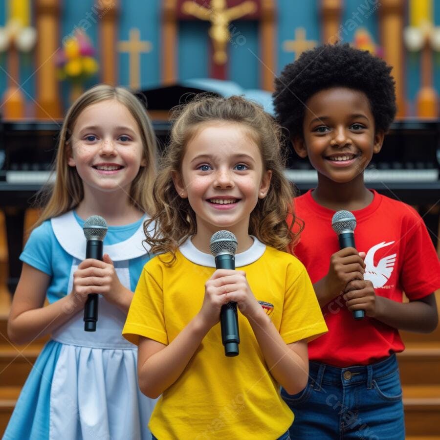 Crianças sorrindo com microfones em Igreja