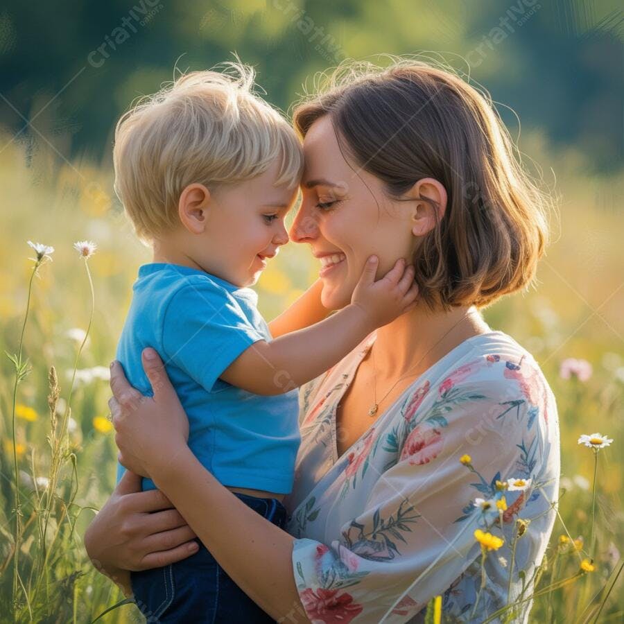 Mãe e filho em campo florido