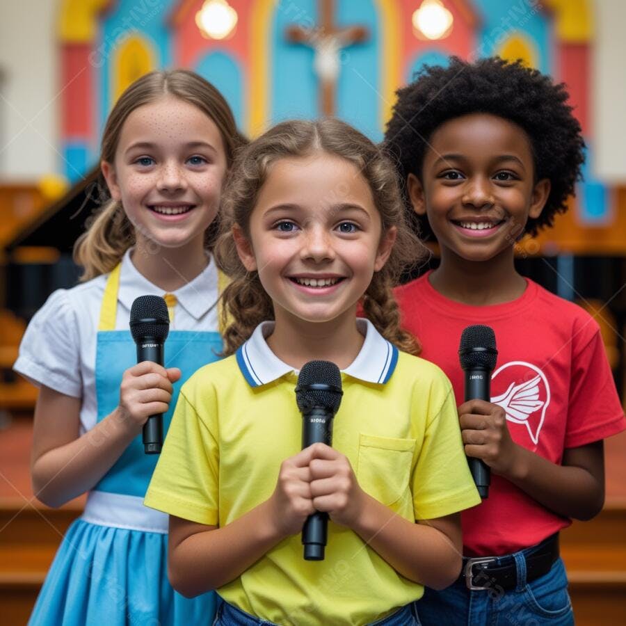 Crianças sorrindo com microfones em igreja