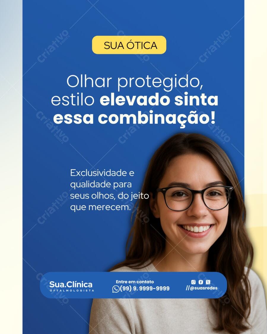 Post Instagram Ótica Azul e Amarelo Editável no Canva