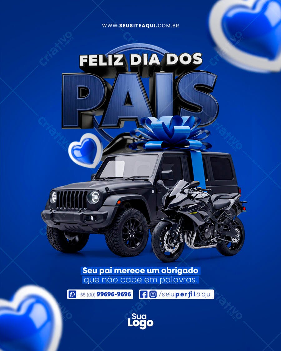 Flyer Dia dos Pais com Carro e Moto PSD Editável