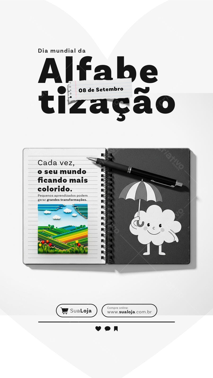 Post para o Dia Mundial da Alfabetização PSD Editável