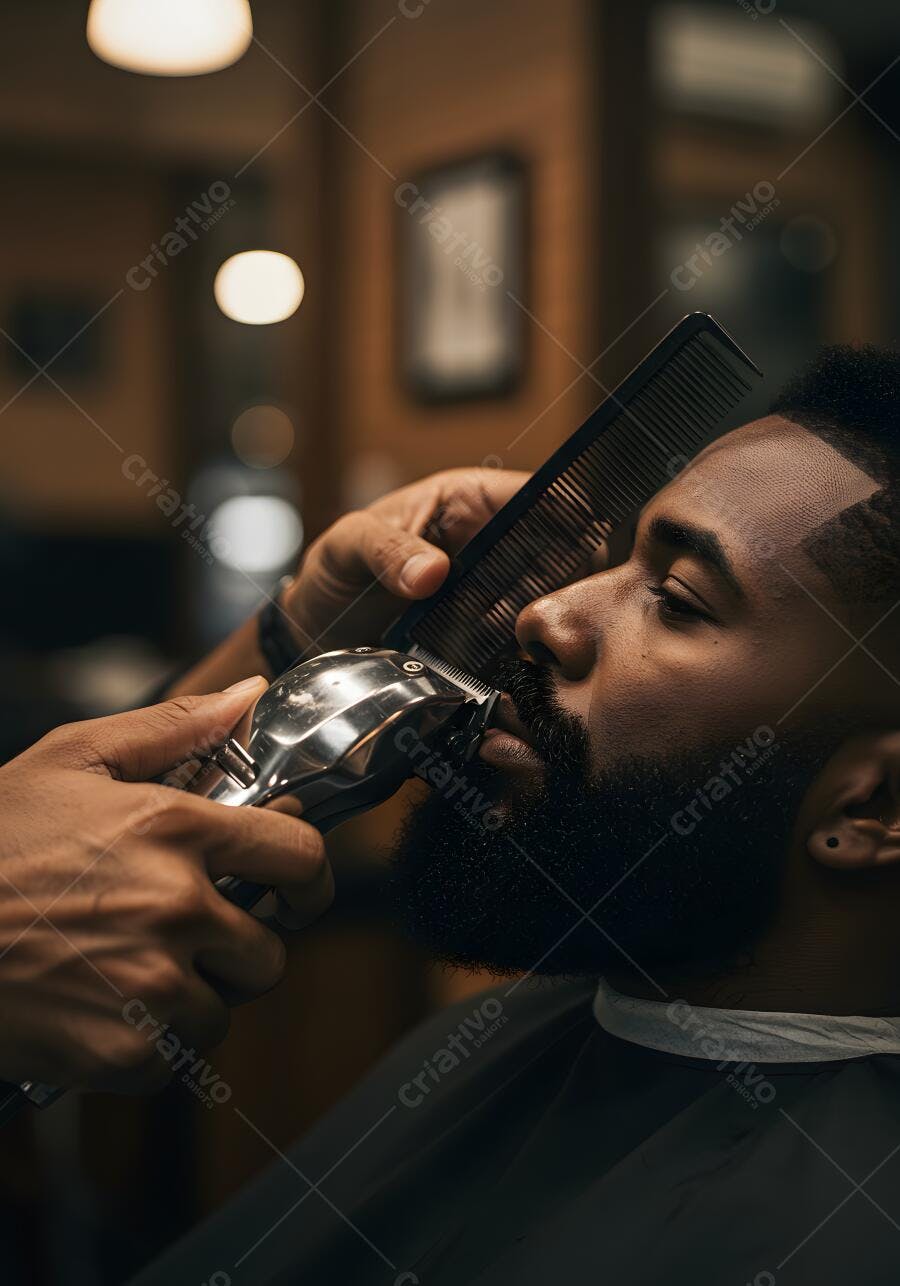 Barbeiro aparando barba de homem negro