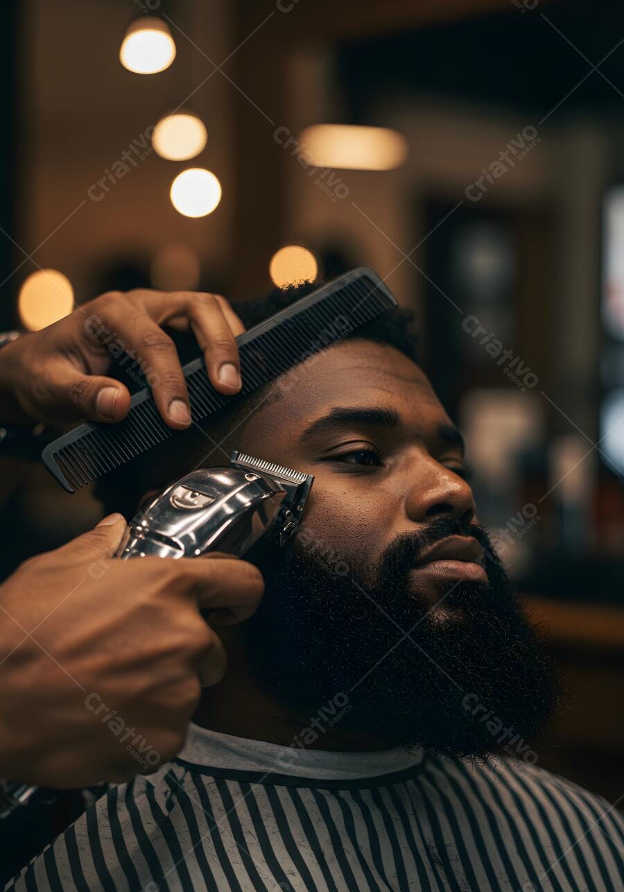 Barbeiro aparando barba de homem negro