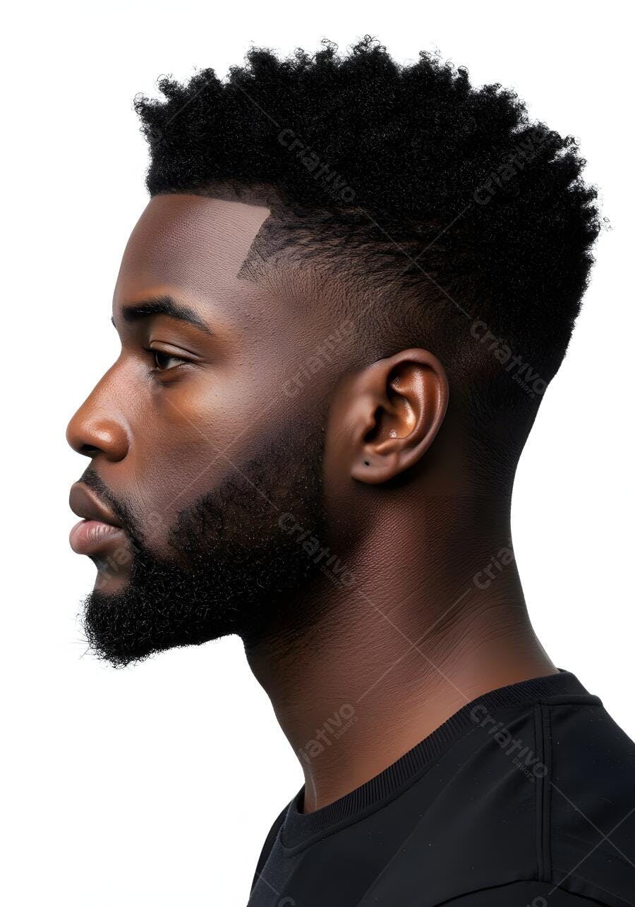 Homem negro perfil cabelo crespo fundo branco