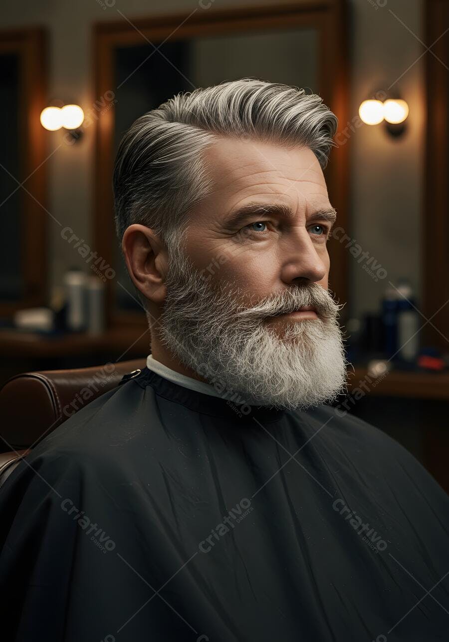 Homem com barba e cabelo grisalhos em barbearia