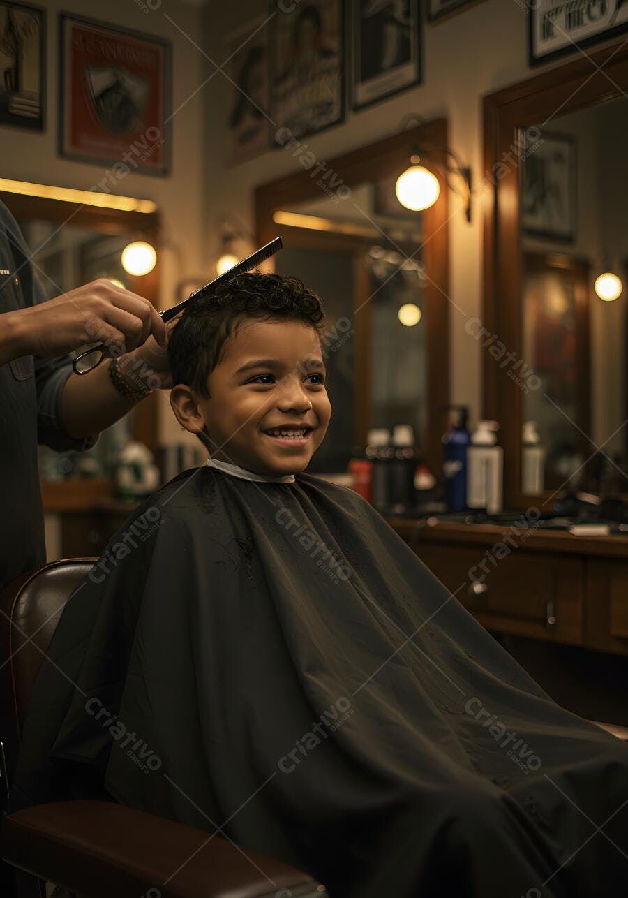 Criança sorrindo cortando cabelo barbearia