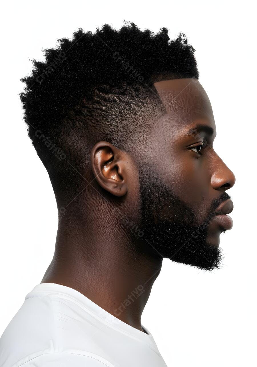 Homem negro perfil cabelo curto fundo branco