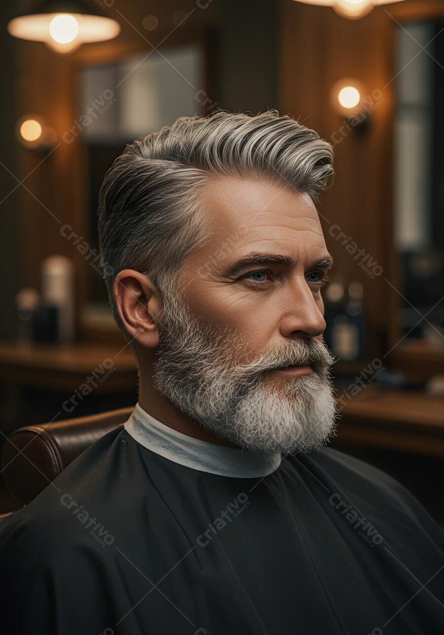 Homem com Barba e Cabelo Grisalhos em Barbearia