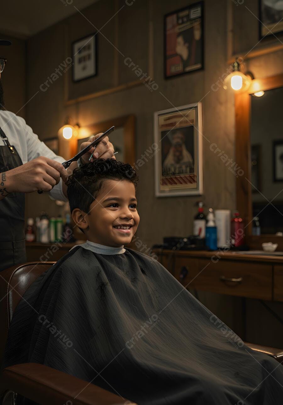 Criança sorrindo em barbearia clássica