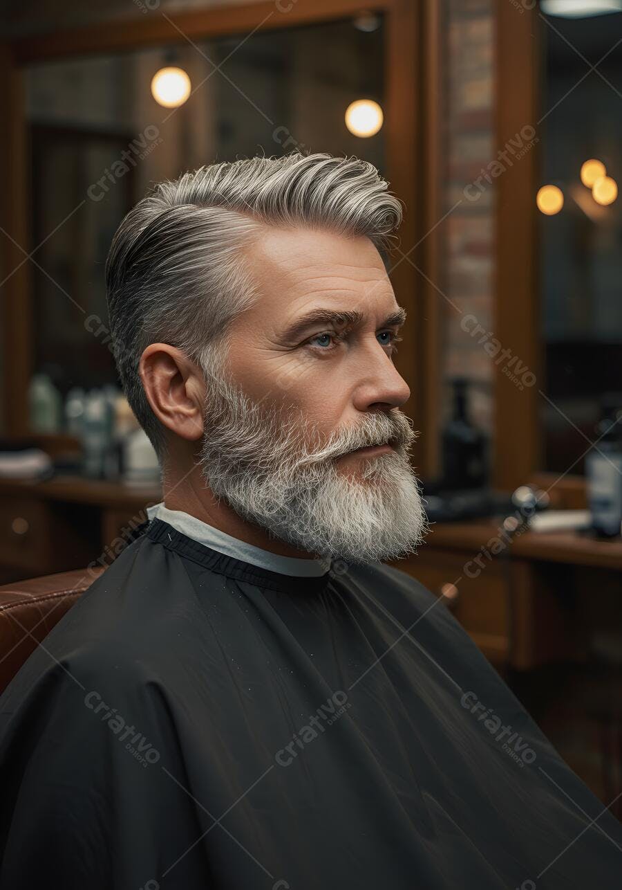 Homem com barba e cabelo grisalhos em barbearia