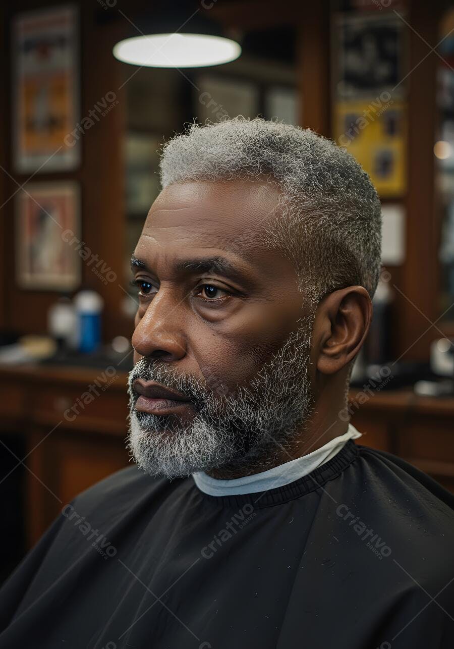 Homem negro com cabelo e barba grisalhos em barbearia