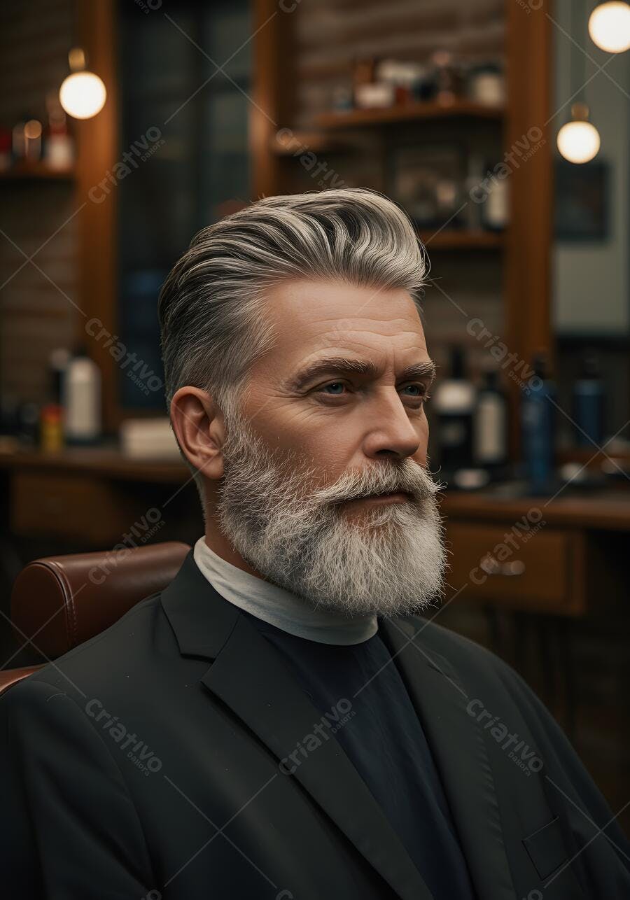 Homem com barba e cabelo grisalhos em barbearia