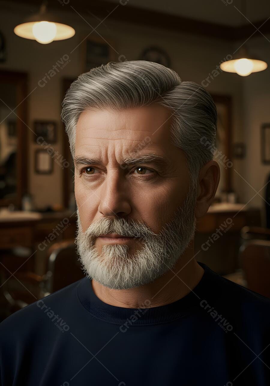Homem com barba e cabelo grisalhos em barbearia