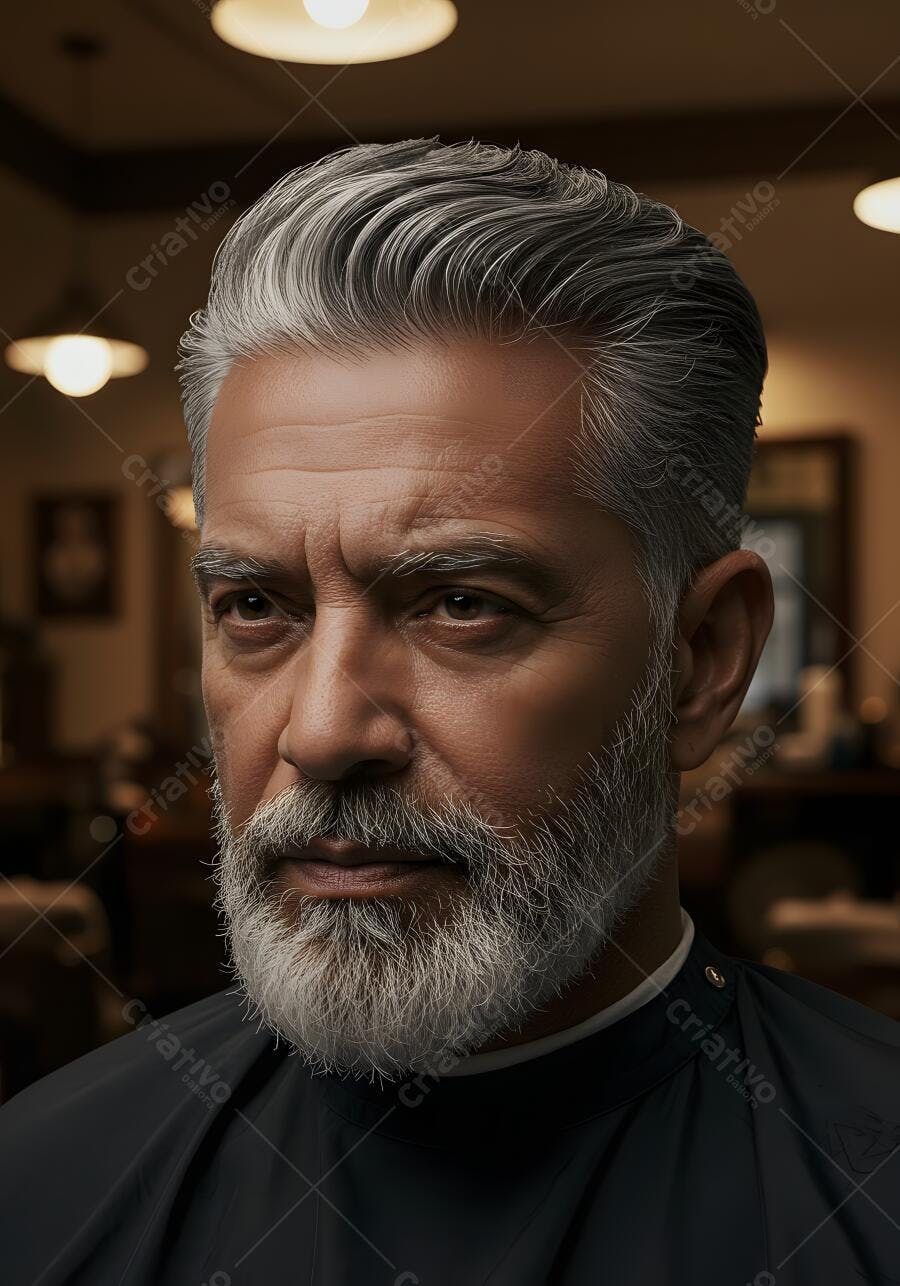 Homem com barba grisalha e cabelo penteado