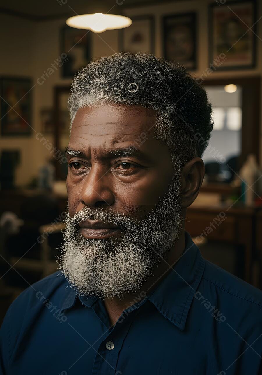 Homem negro com barba e cabelo grisalhos em barbearia