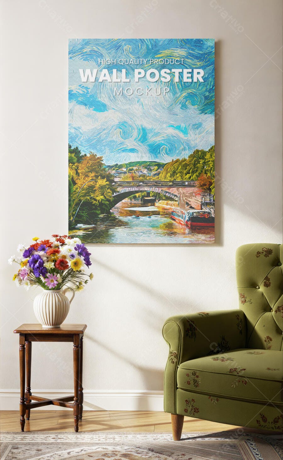 Mockup de Poster de Parede com Pintura em Sala Aconchegante