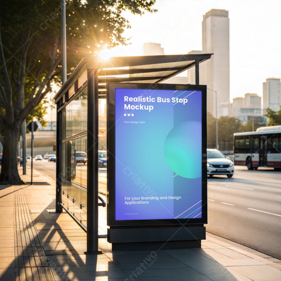 Mockup de Ponto de Ônibus Urbano Realista com Iluminação Ensolarada