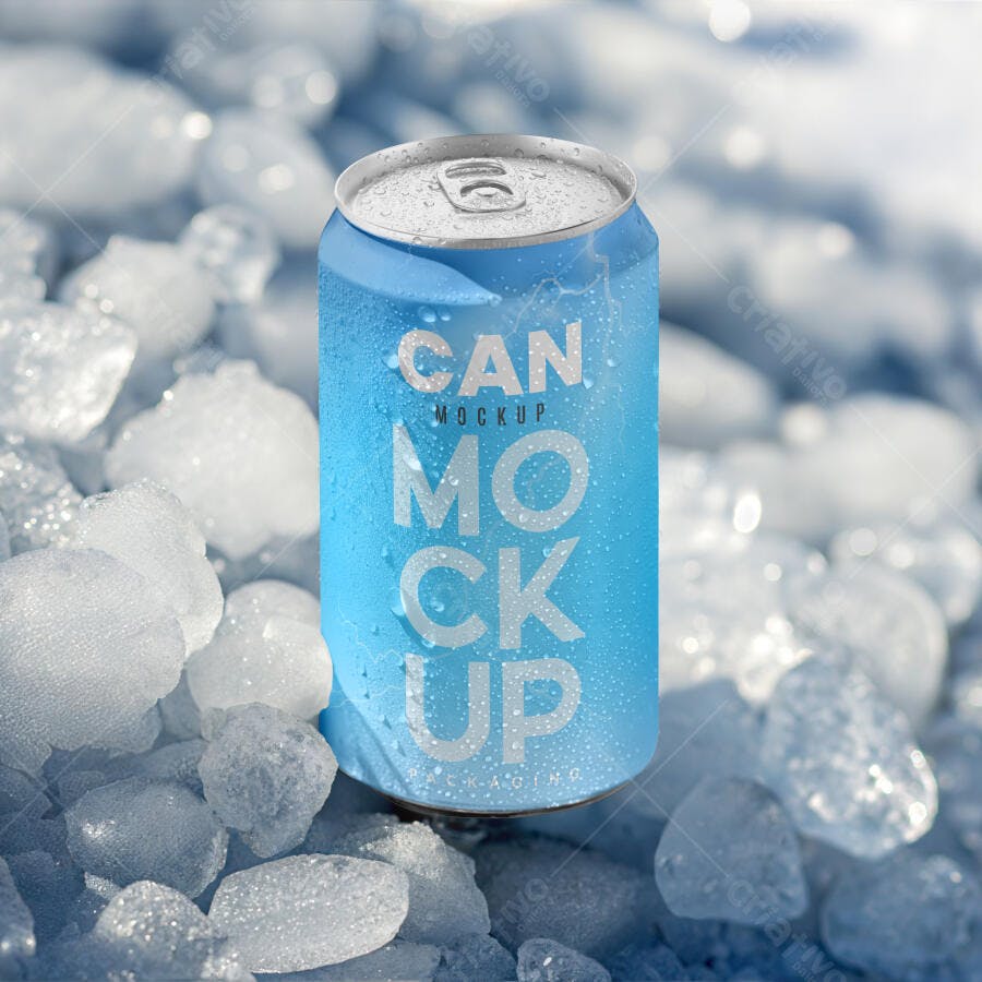 Mockup Realista de Lata Azul Gelada em Cubos de Gelo