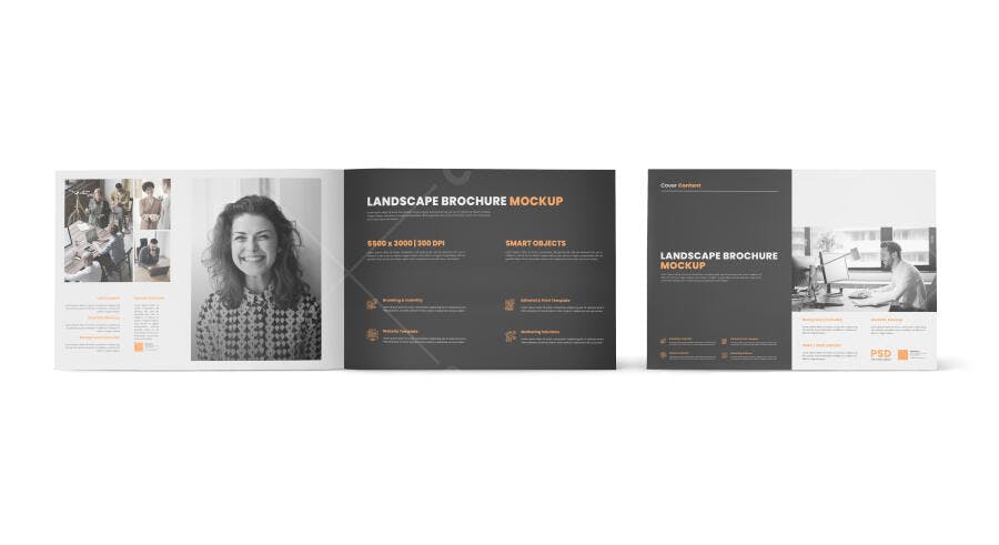 Mockup de Brochura Paisagem Aberta com Fotos Corporativas