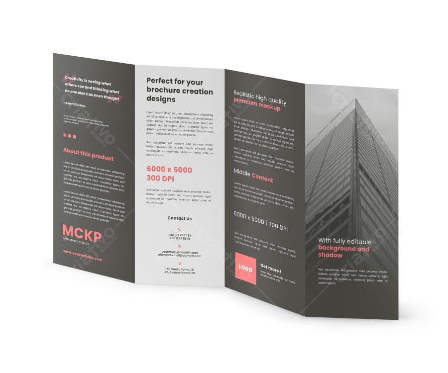 Mockup Trifold Brochura: Design Moderno em Cinza e Vermelho