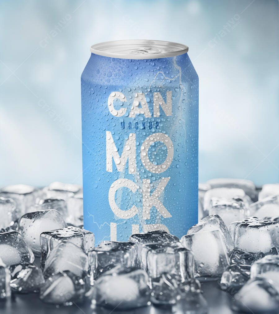 Mockup Realista de Lata de Bebida Gelada em Gelo