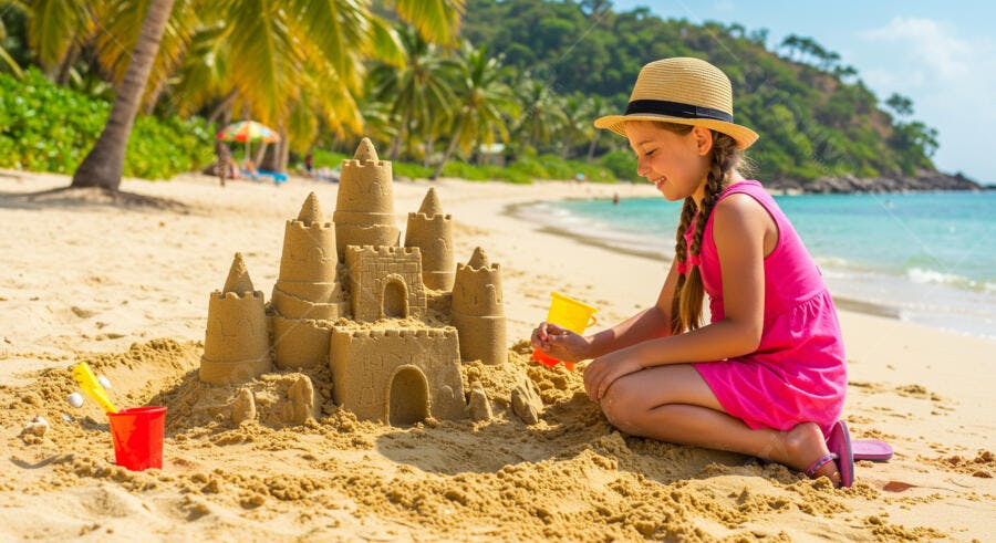 Imagem de uma menina construindo um castelo de areia na praia