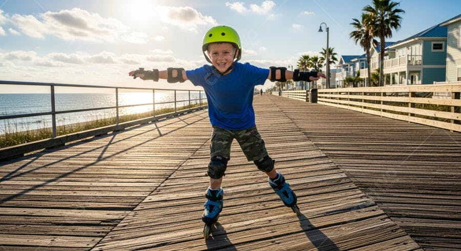 Imagem de um garoto andando de patins em um calçadão