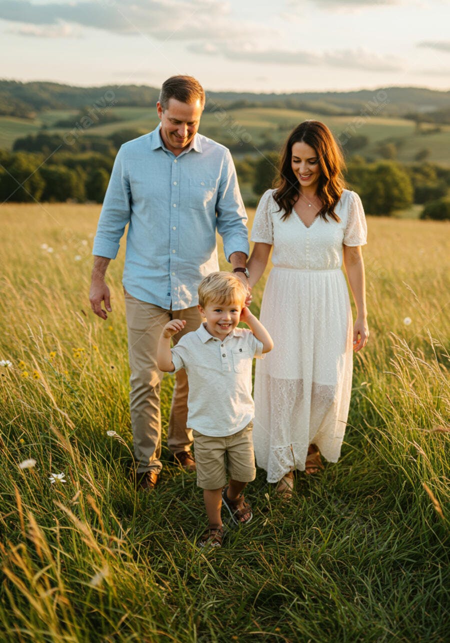 Imagem de um casal com seu filho em um lindo campo