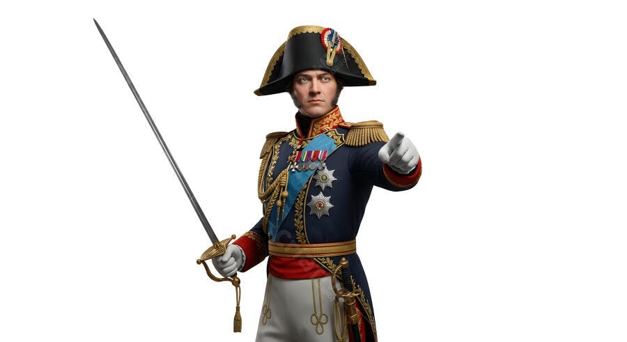 General em uniforme militar apontando