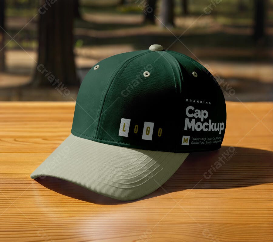 Mockup Realista de Boné Verde e Bege em Mesa de Madeira
