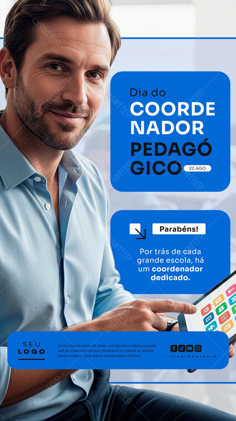 Flyer Dia do Coordenador Pedagógico 22 de Agosto PSD Editável
