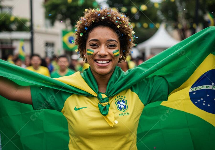 Torcedora brasileira feliz com bandeira