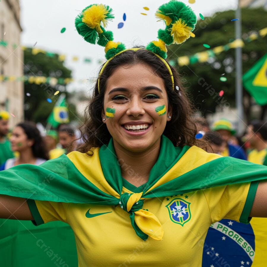 Torcedora brasileira sorridente em evento esportivo