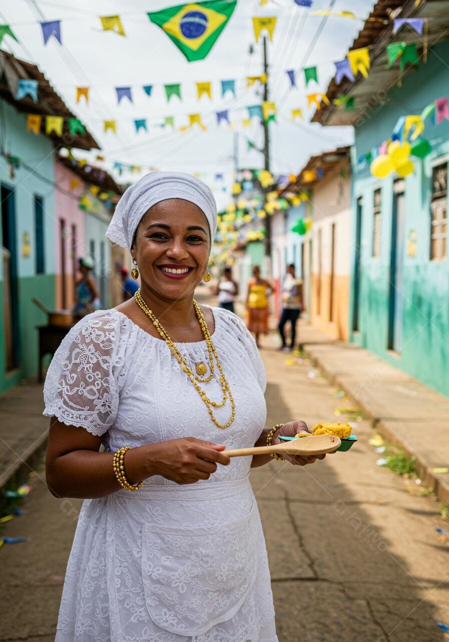 Mulher brasileira em festa com comida típica
