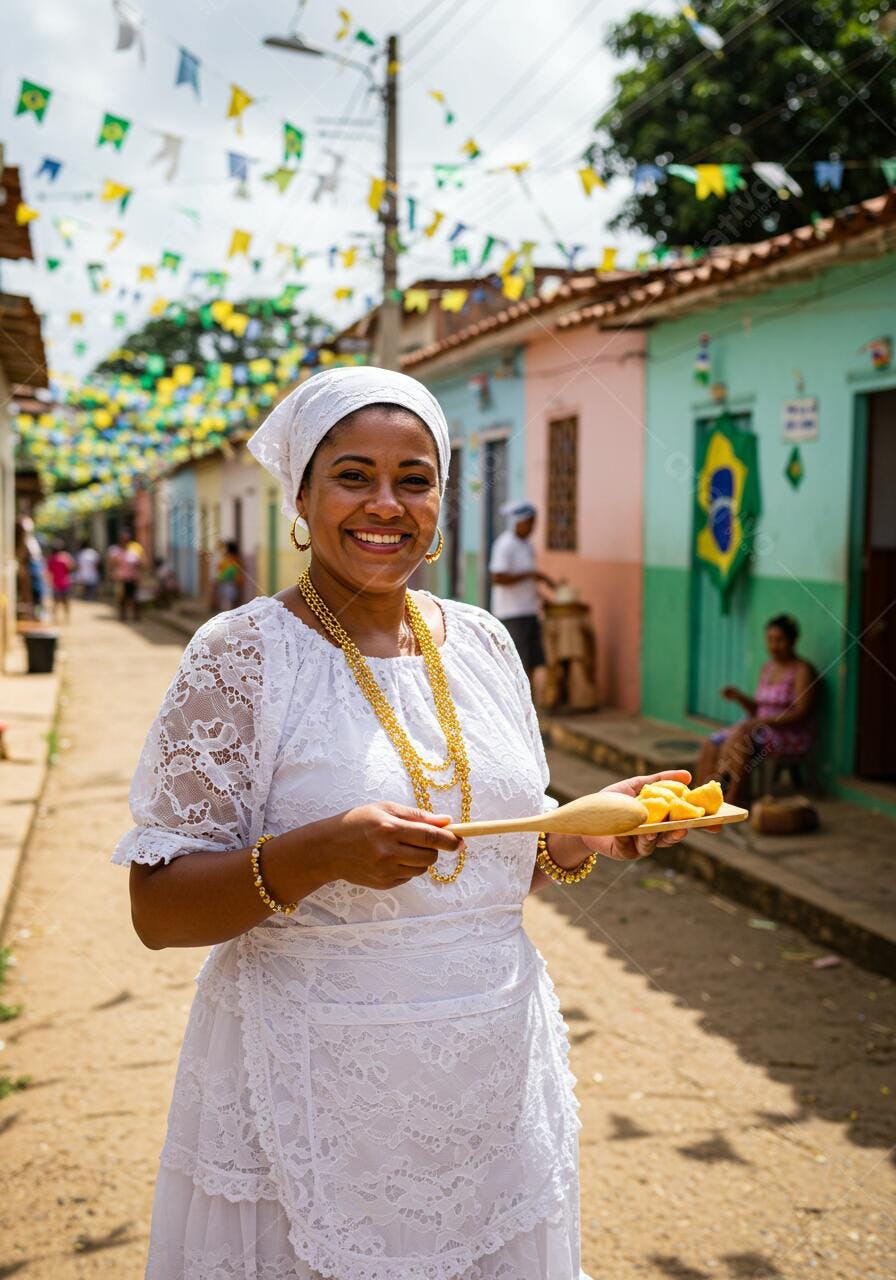 Mulher negra em vestido branco segurando comida amarela