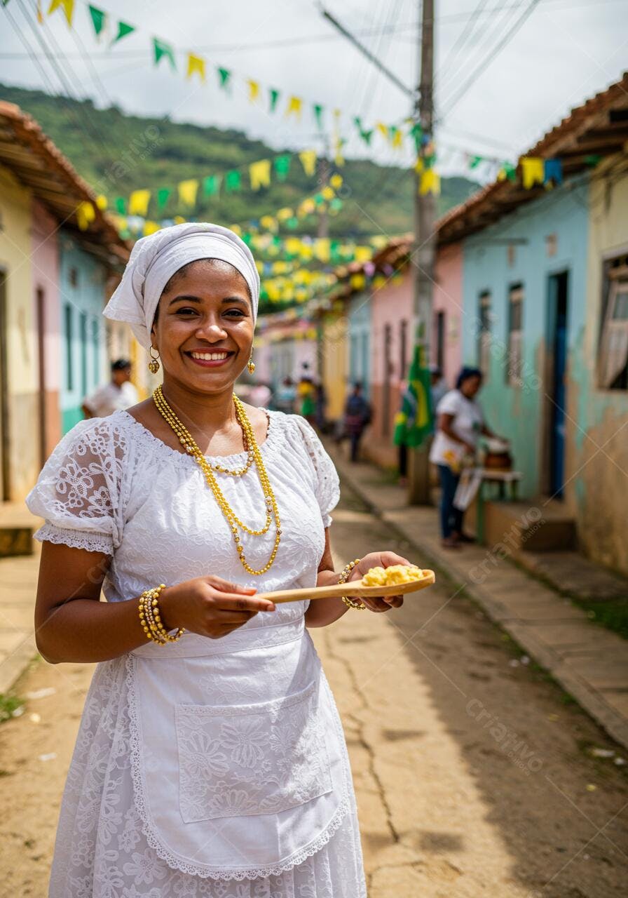 Mulher brasileira em traje branco com comida