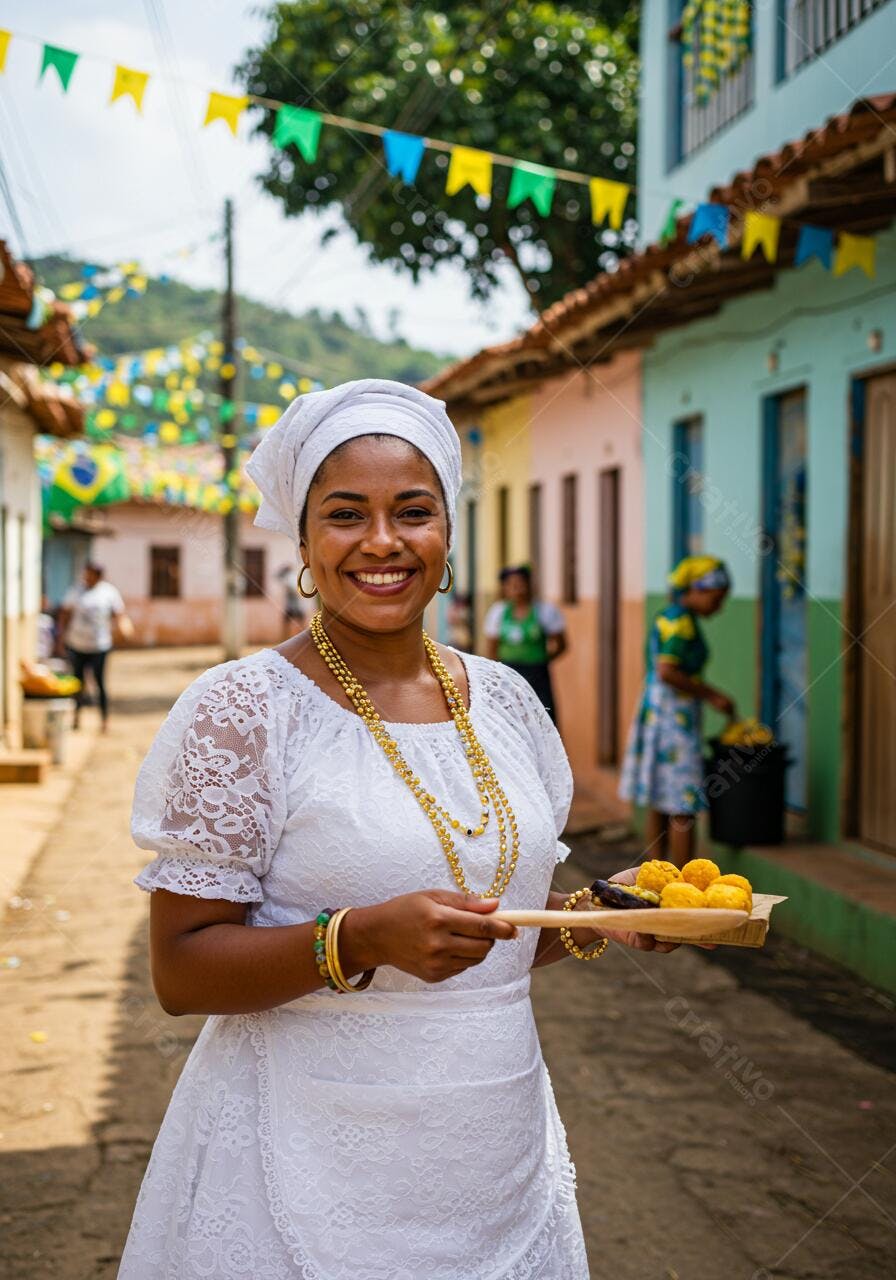 Mulher brasileira em traje branco com acarajé