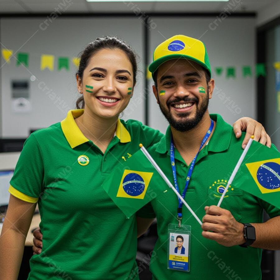 Torcedores brasileiros sorrindo com bandeiras