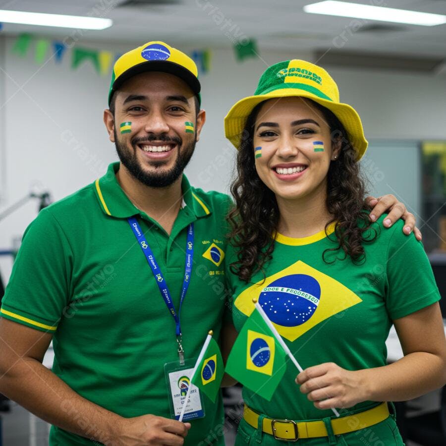 Torcedores brasileiros sorrindo com bandeirinhas