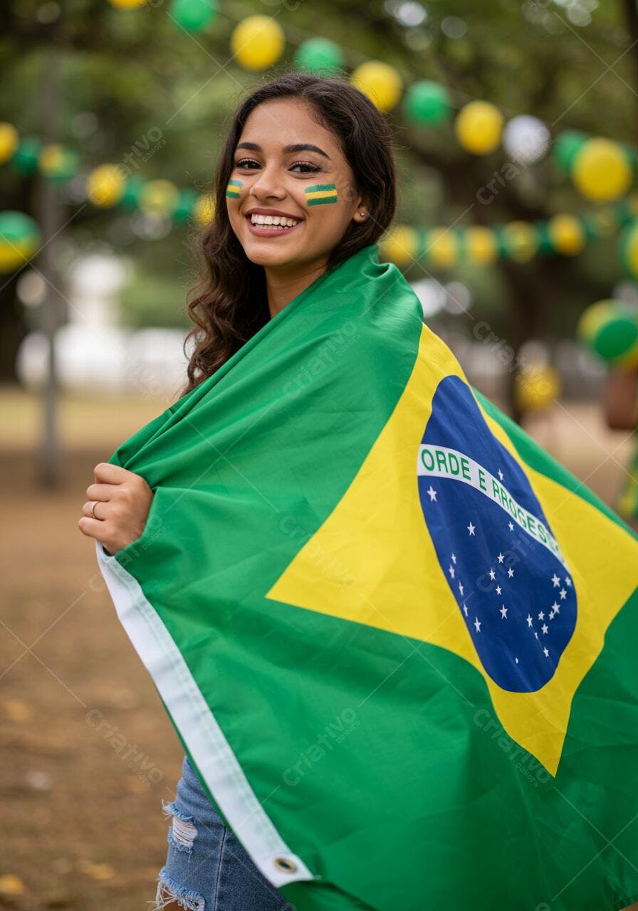 Mulher sorridente com bandeira brasileira
