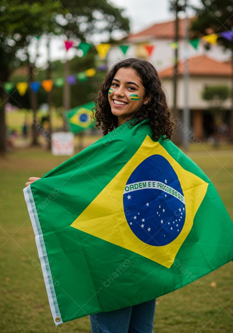 Mulher jovem com bandeira do Brasil sorrindo