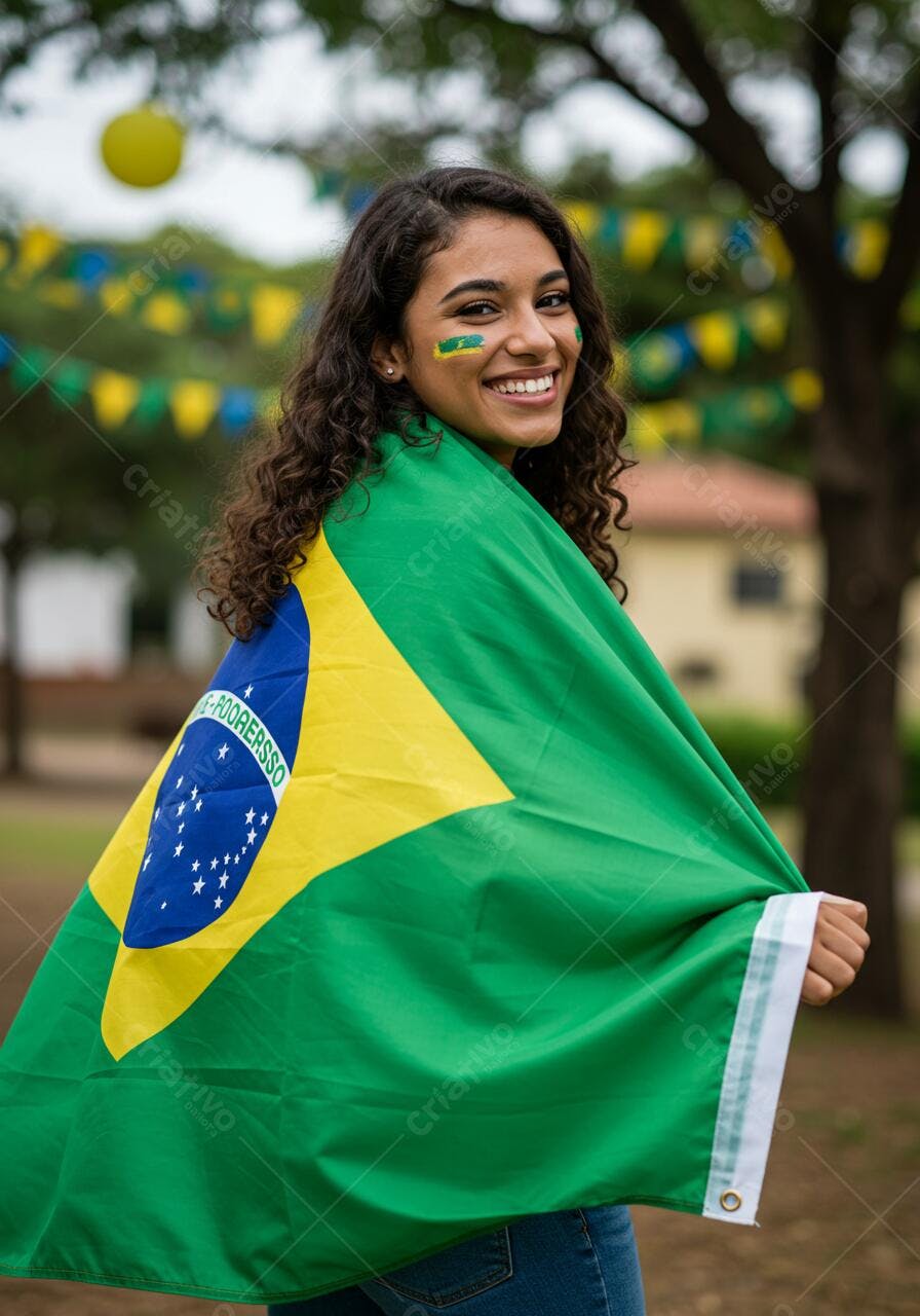 Mulher sorridente com bandeira brasileira