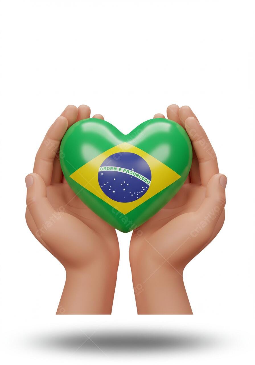 Mãos segurando coração com bandeira brasileira