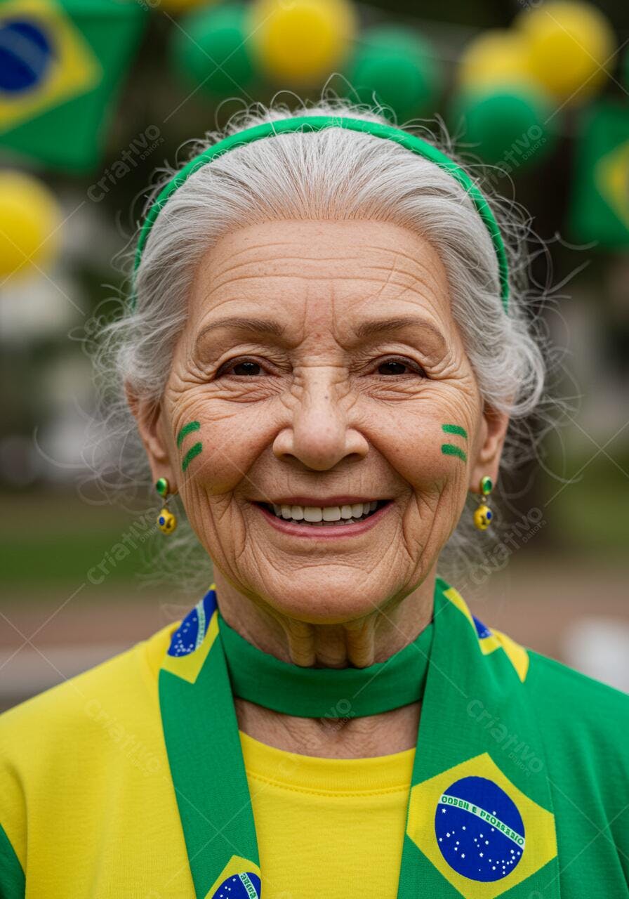 Idosa sorridente com cores do Brasil
